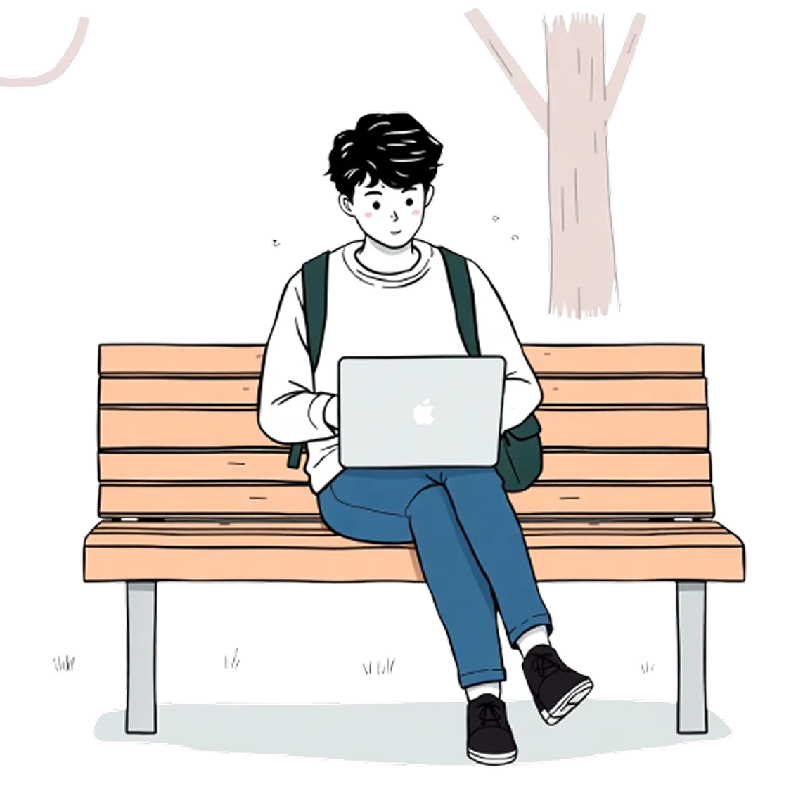 Illustration of a person sitting on a bench with a laptop and a backpack image description